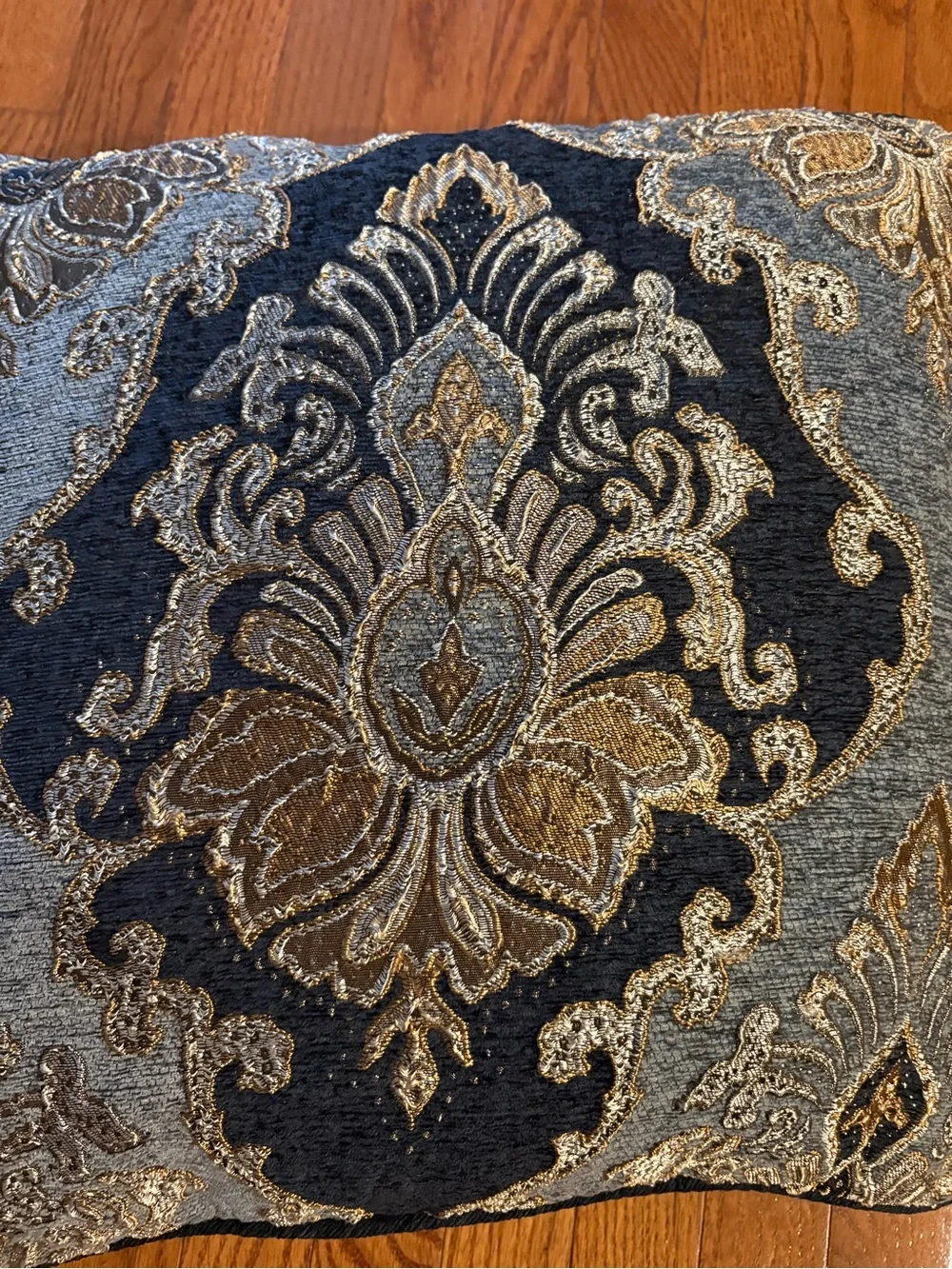 Elegant Blue and Gold Damask Throw Pillow by J Queen. Pillow is square 20x20